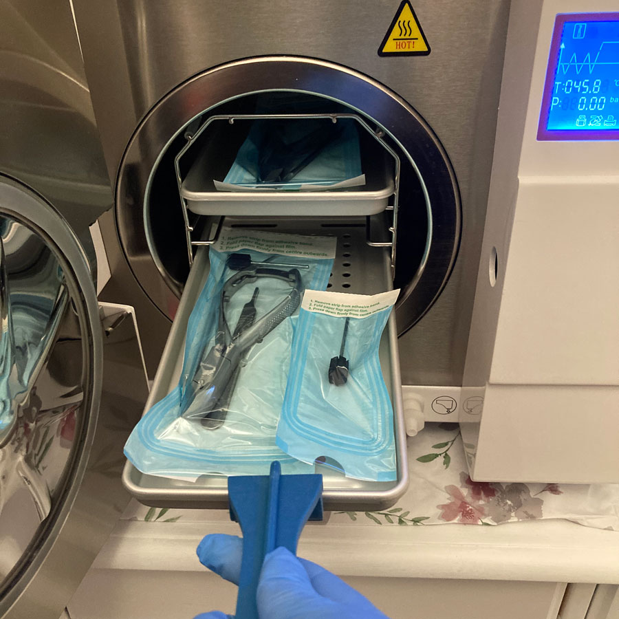 All tools used are wrapped and sterilised to 134 degrees.